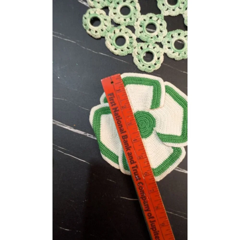 Green & White Vintage Crochet Doilies Handmade Floral Set Of 2 Two Sizes Pre-Own